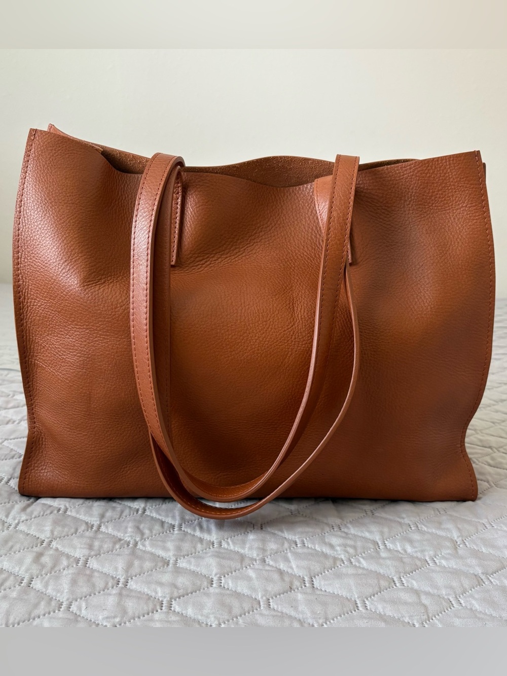 Teddi Joelle Box Leather Tote Everyday Bag in Cognac Brown